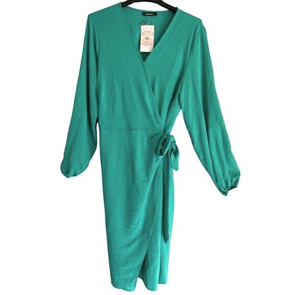 Fashion Brand Womens Green Dress Size XL Midi Long Sleeve Wrap Tie Side Zip NWT - Picture 1 of 9